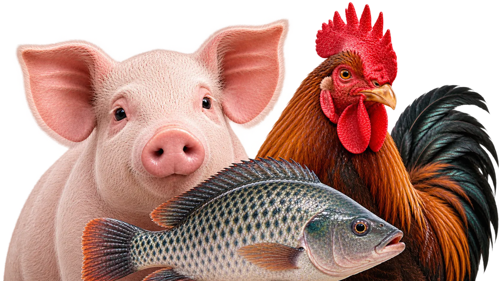 Suíno, ave e peixe tilápia representando os animais atendidos pela Jetvet